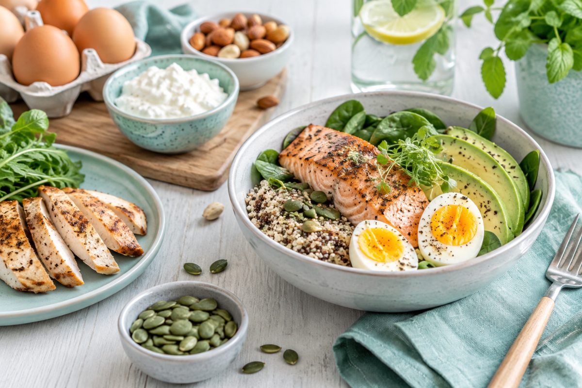 Skål med lax, ägg, quinoa och avokado bredvid kycklingfilé