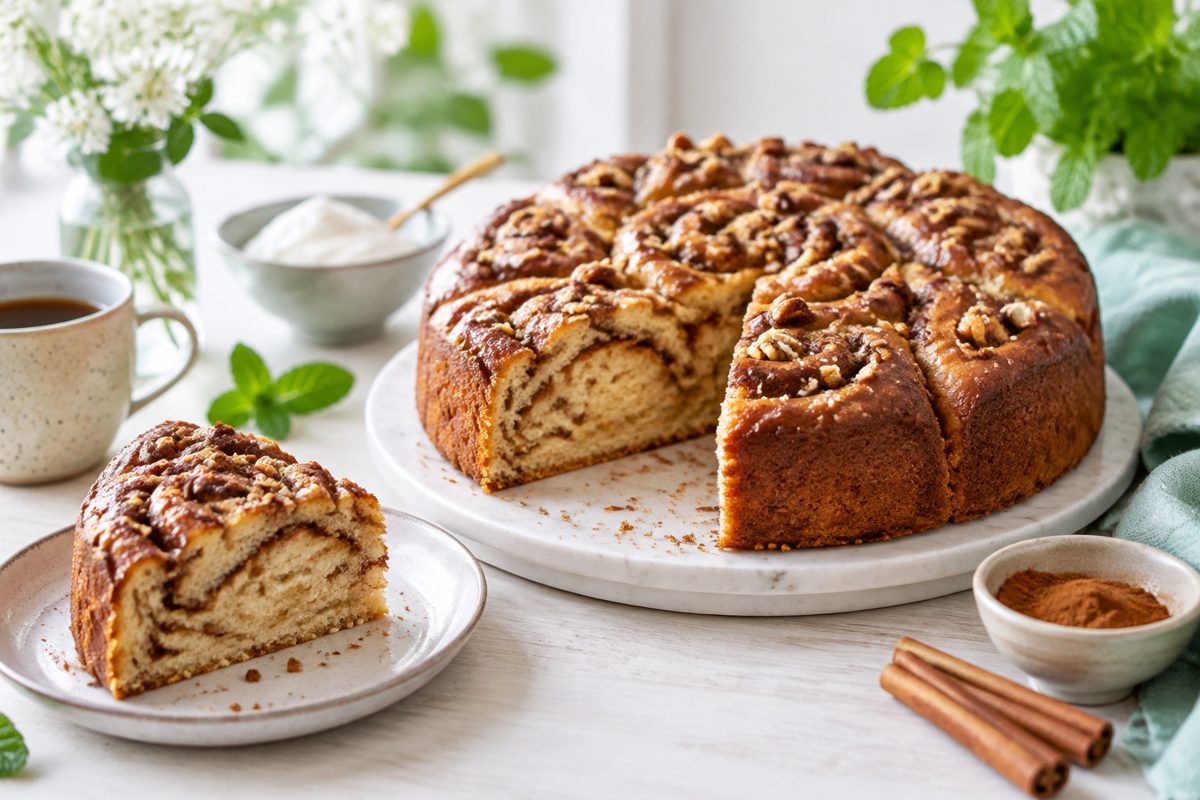 Kanelbullekaka med kanelstänger på ett ljust bord