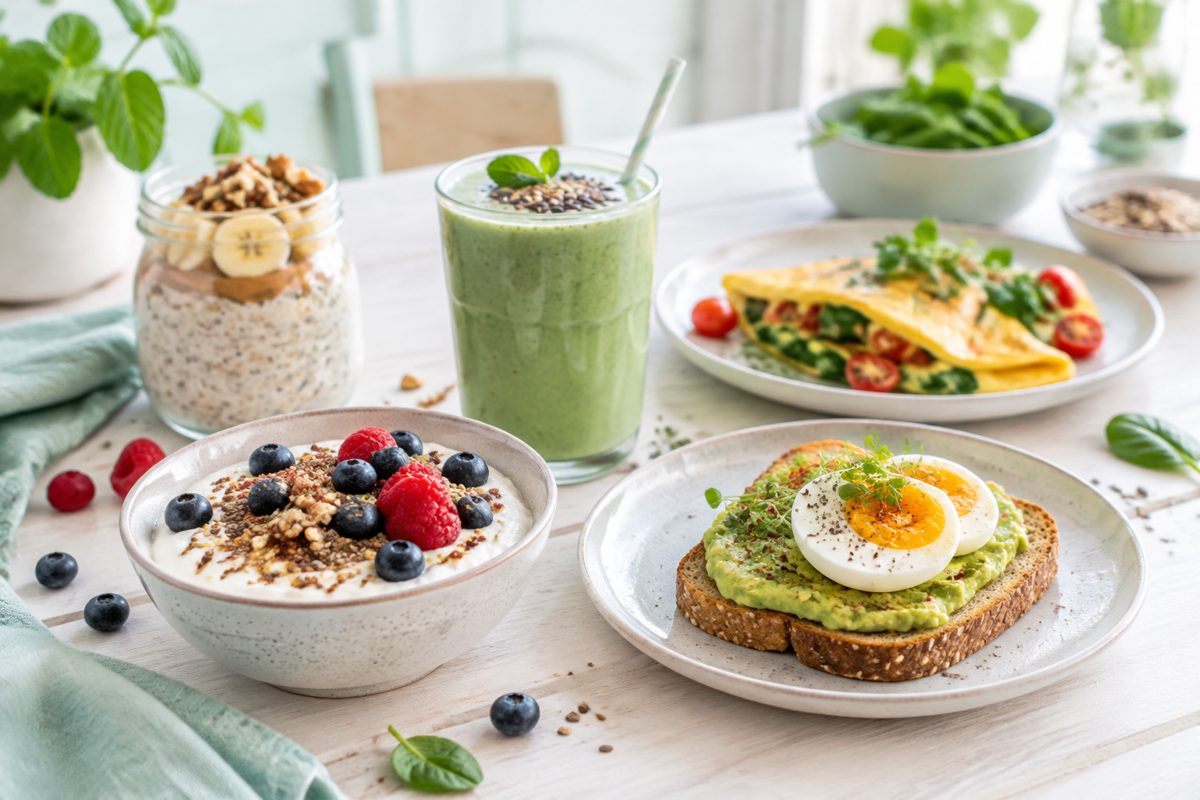 Proteinrika frukostar: ägg på avokadomacka, gröt med bär och grön smoothie