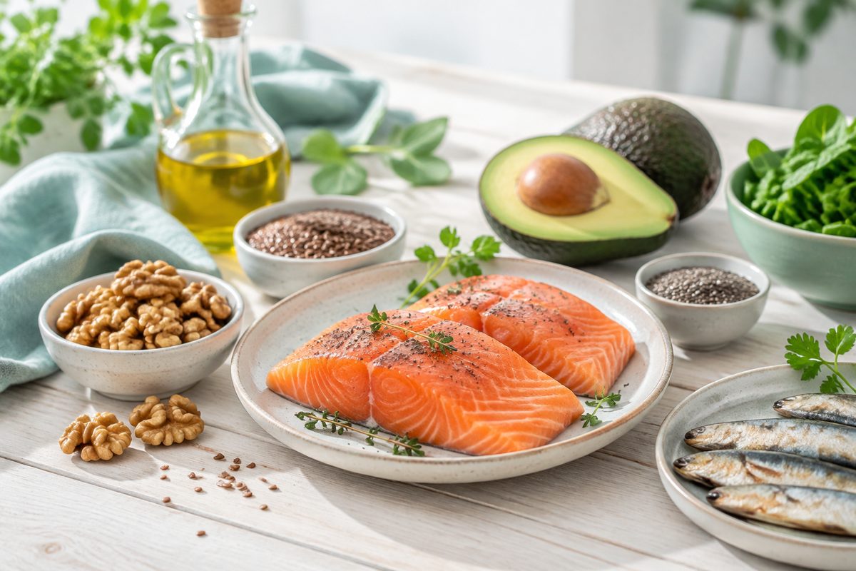 Omega-3-källor: lax, sardiner, valnötter, linfrö och olivolja