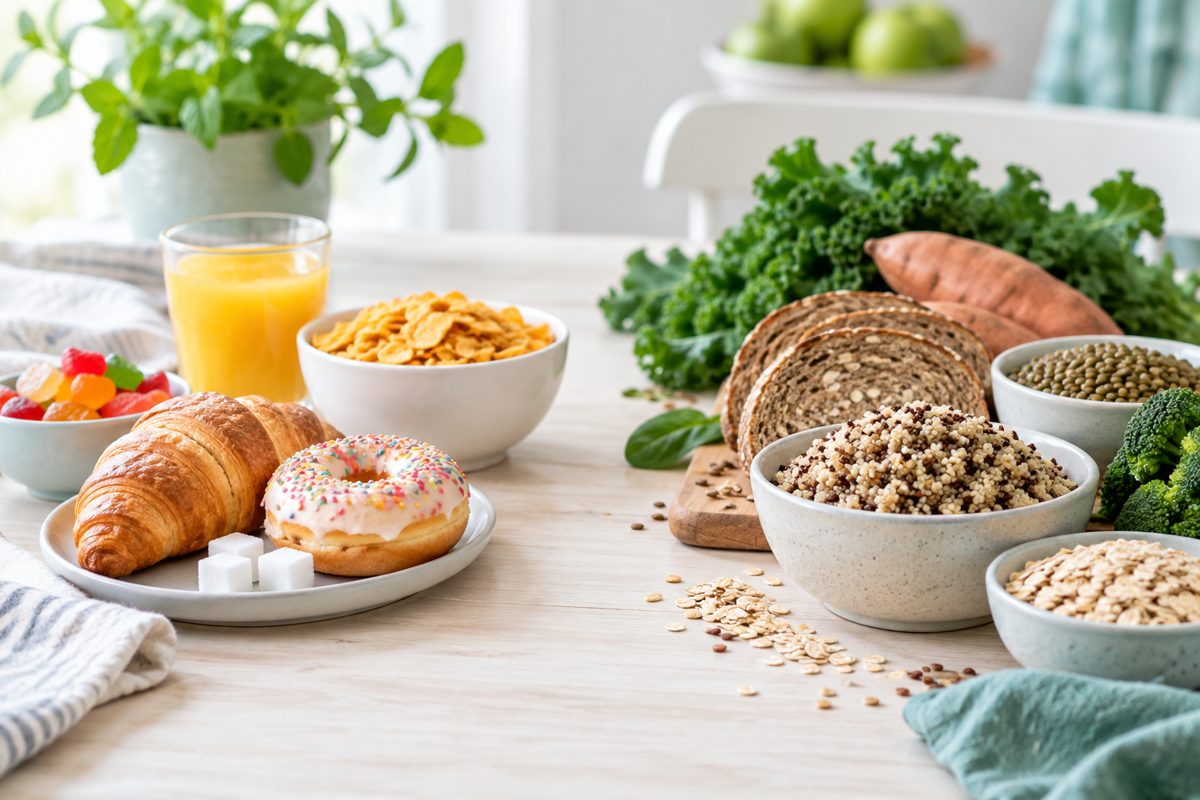 Snabba och långsamma kolhydrater: bakverk och juice bredvid fullkorn och baljväxter