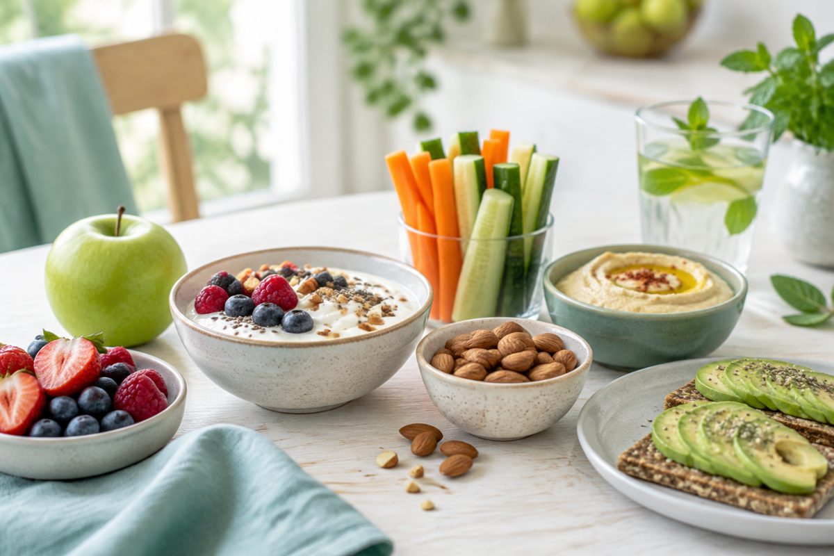 Mättande mellanmål: grönsaksstavar, hummus, nötter, yoghurt och frukt