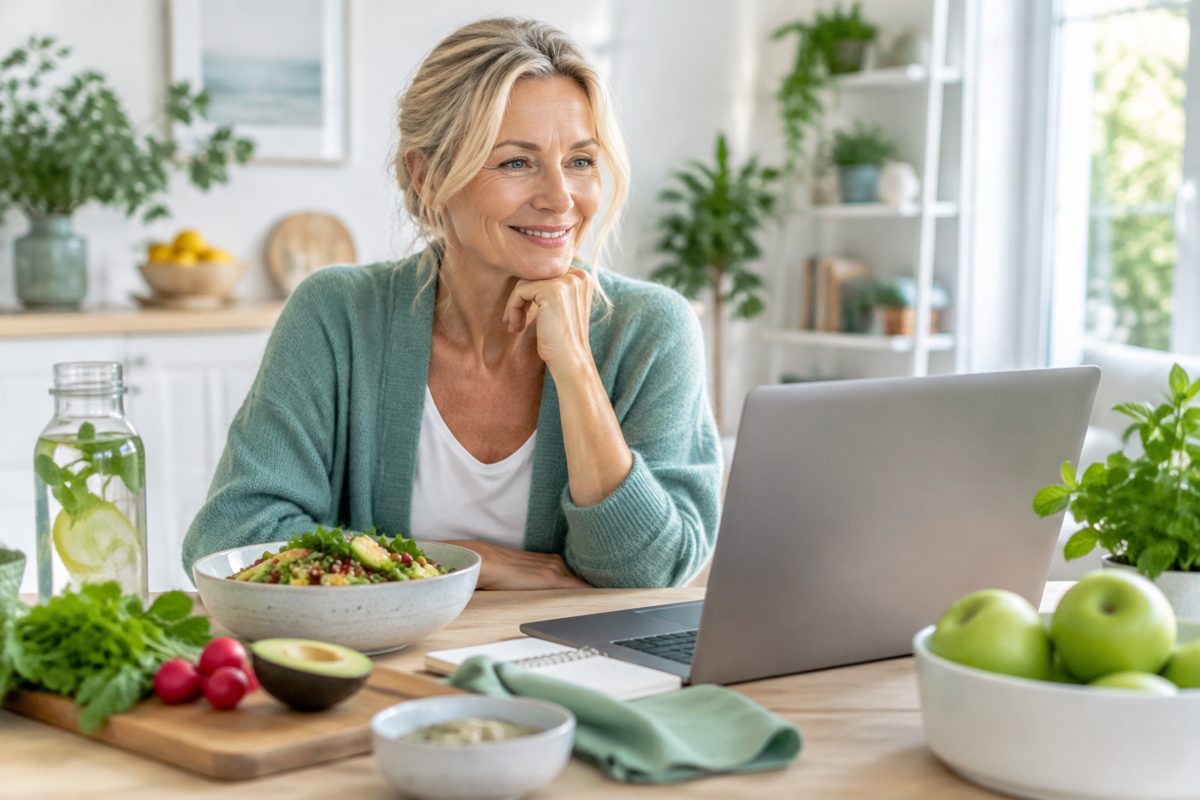 Kvinna i 50-årsåldern vid köksbordet med laptop och sallad inför webbinariet om viktminskning i klimakteriet