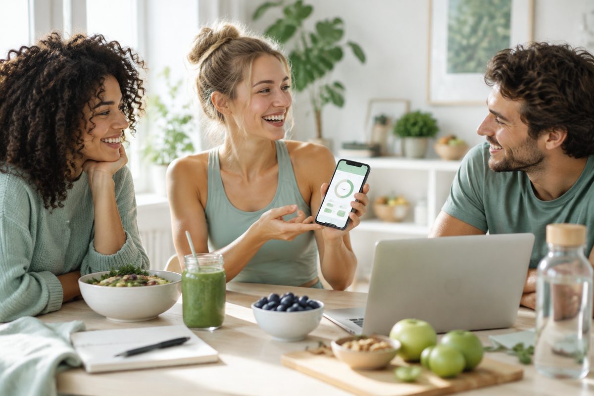 Tre vänner vid ett köksbord som visar Nutraware-appen i mobilen