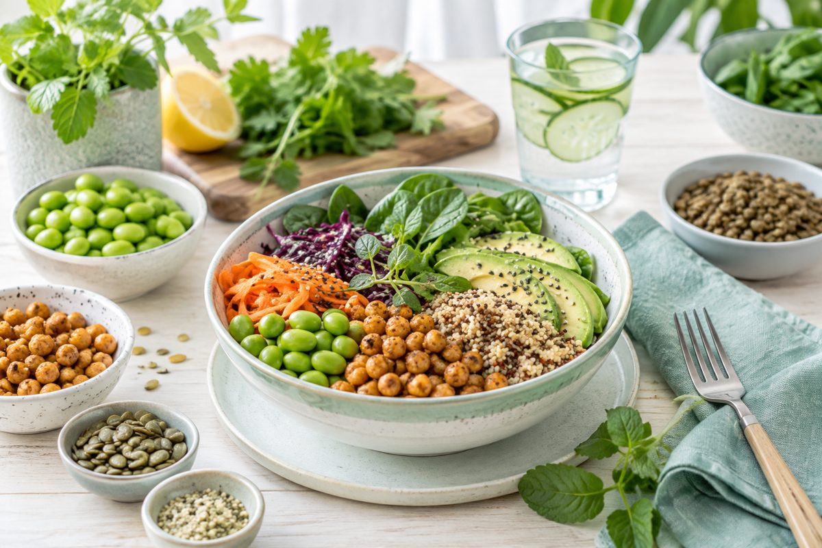 Växtbaserat protein: edamame, kikärtor, linser och quinoa i skål