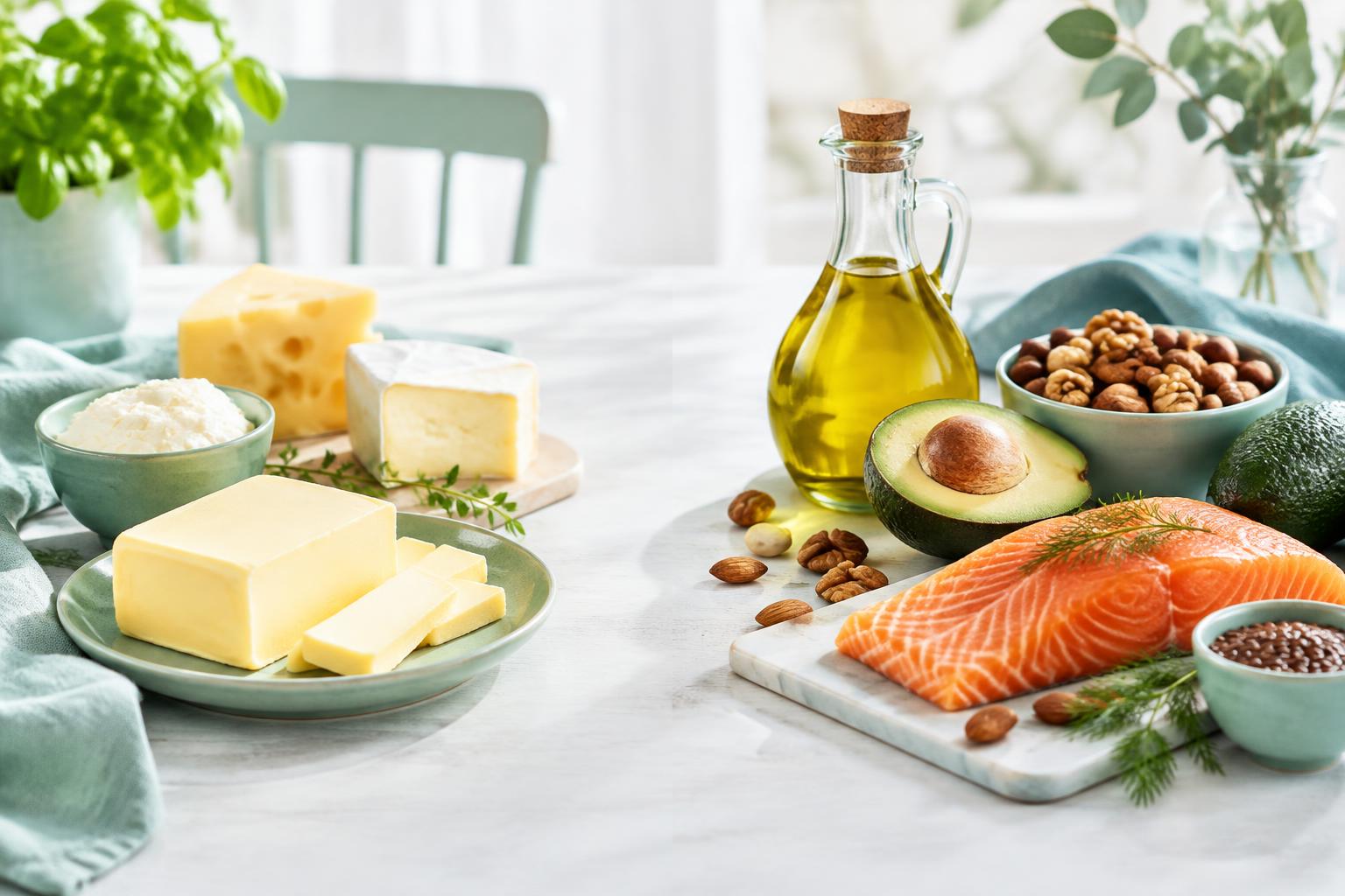 Mättat och omättat fett: smör och ost bredvid olivolja, avokado, nötter och lax